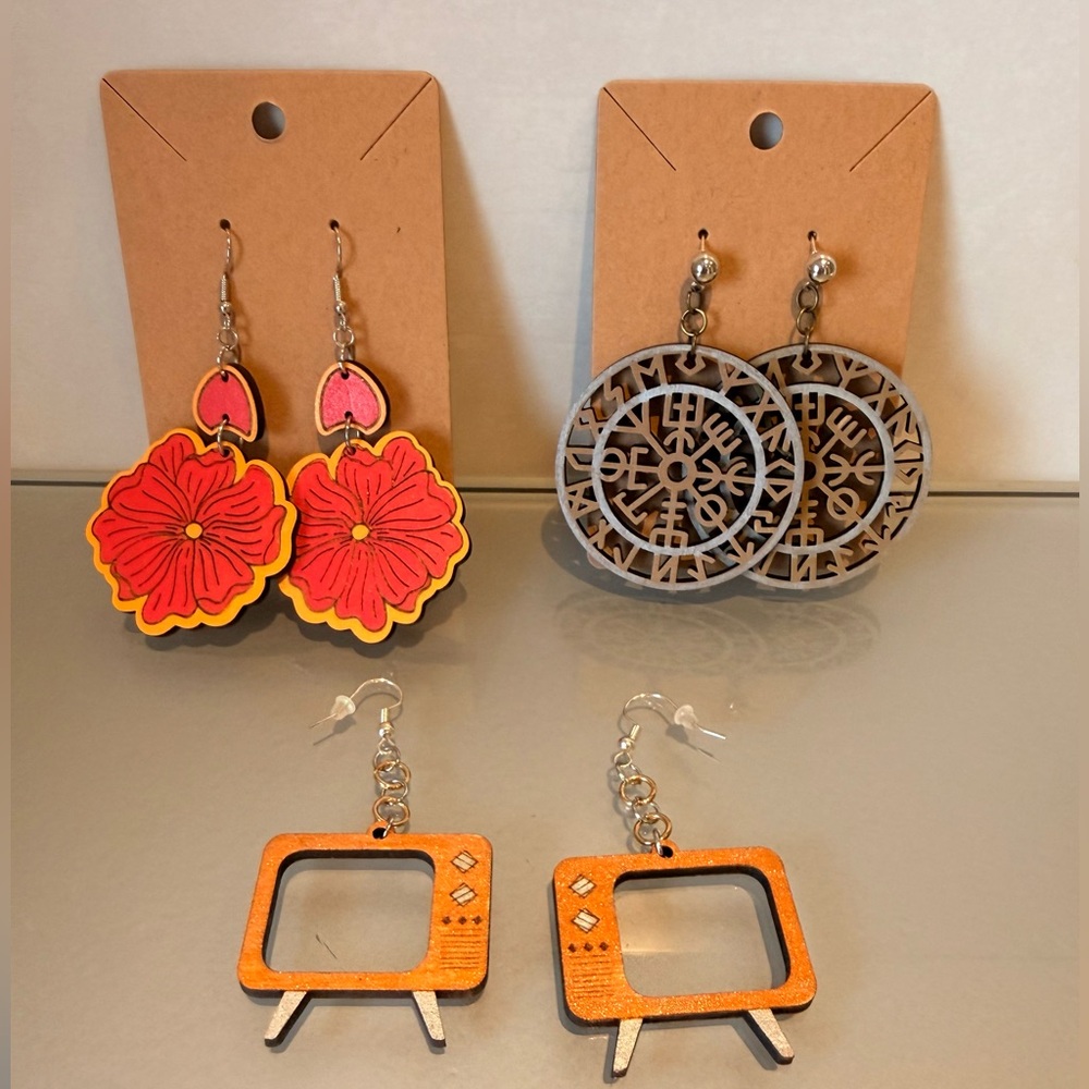 Colorful Wooden Earrings Set of 3 - Flower TV Viking Print